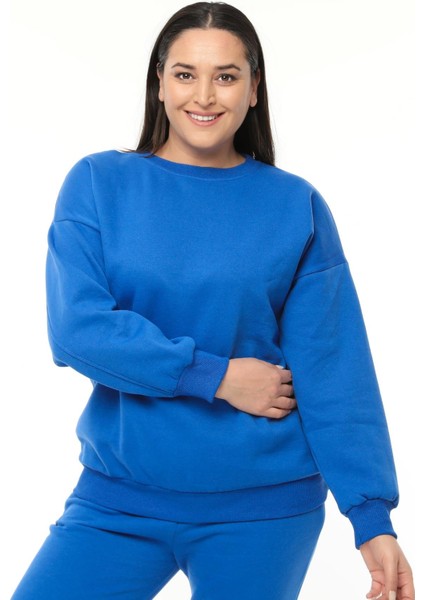 Kadın Büyük Beden Basıc Şardonlu Mavi Sweatshirt
