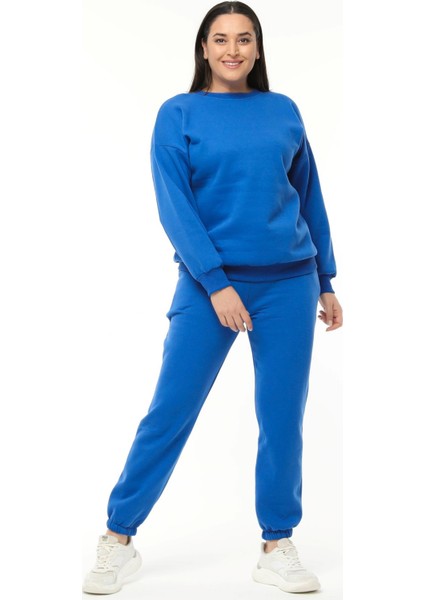 Kadın Büyük Beden Basıc Şardonlu Mavi Sweatshirt modelleri