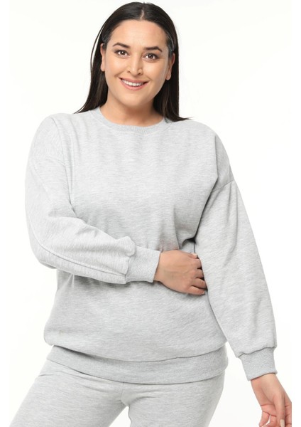 Kadın Büyük Beden Basıc Şardonlu Gri Sweatshirt