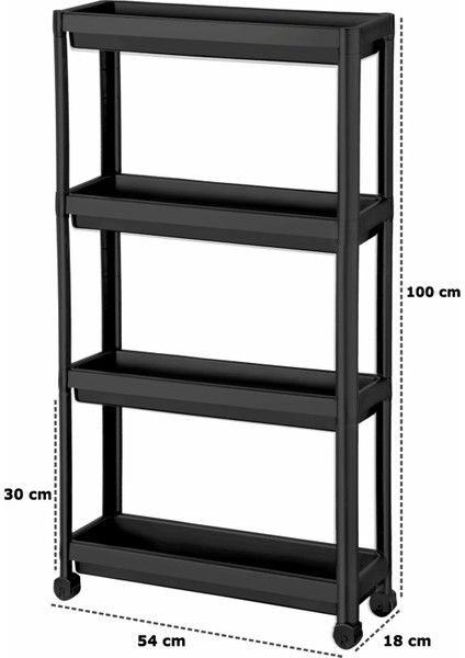 Tıkla Sende Tekerlekli Dikdörtgen 4 Katlı Raf Ünitesi Siyah Banyo Mutfak Düzenleyici Organizer Raf
