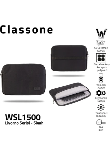 Livorno Serisi WSL1500 15.6'' su Geçirmez Kumaş ve Su Geçirmez Fermuar Notebook, Laptop, Macbook taşıma Kılıfı -Siyah