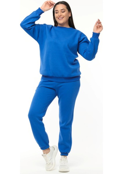Kadın Büyük Beden Basıc Şardonlu Mavi Sweatshirt