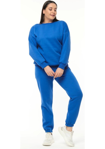 Kadın Büyük Beden Basıc Şardonlu Mavi Sweatshirt