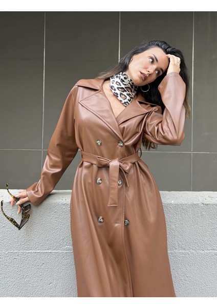 Kahve Kruvaze Kapama Deri Trençkot 26069 fiyatları