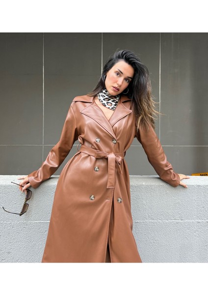 Kahve Kruvaze Kapama Deri Trençkot 26069 modelleri