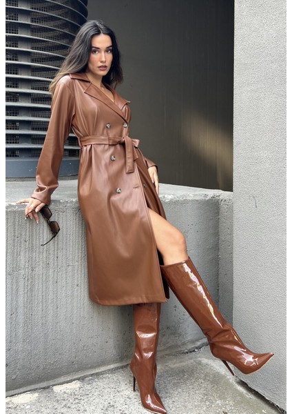 Kahve Kruvaze Kapama Deri Trençkot 26069 fırsatları