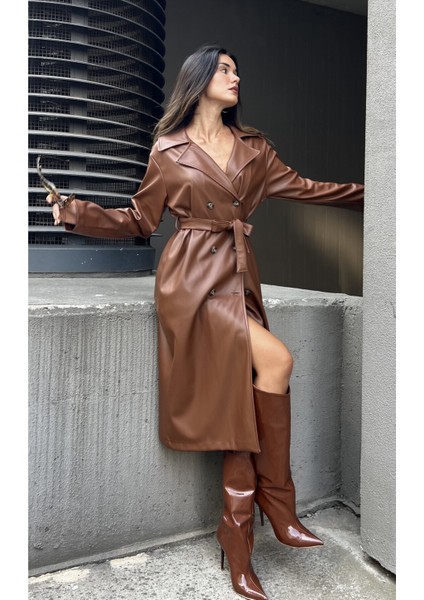 Kahve Kruvaze Kapama Deri Trençkot 26069 indirimleri