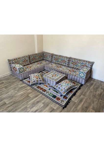 Şark Köşesi Anadolu Desenli Minder, Kilim, Orta Puf Takımı Konsept Gri