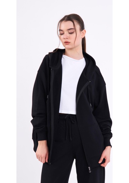 Siyah Kanguru Cepli Kapüşonlu Fermuarlı Oversize Kadın Sweatshirt modelleri
