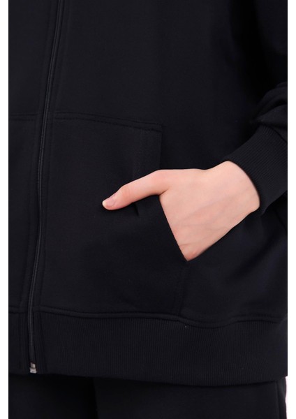 Siyah Kanguru Cepli Kapüşonlu Fermuarlı Oversize Kadın Sweatshirt indirimleri