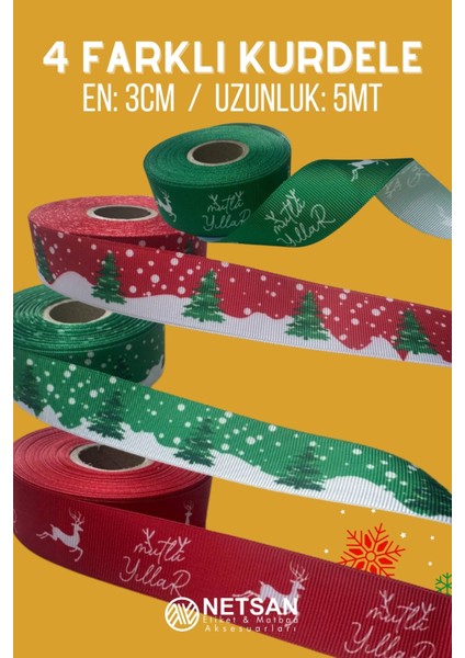 3cm x 5mt Yılbaşı Figürlü 4 Farklı Grogren Kurdele