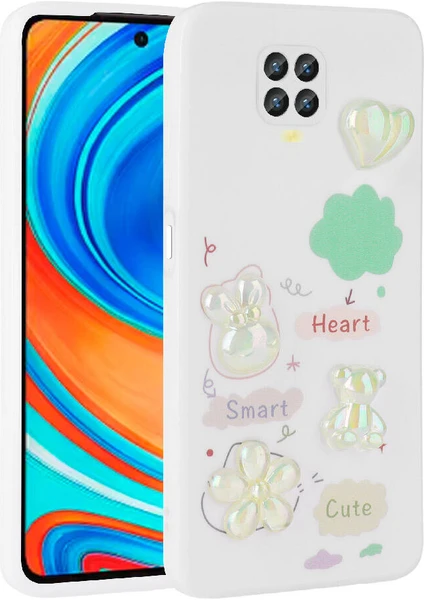 Case 4u Xiaomi Redmi Note 9 Pro Kabartma Figürlü Parlak Toys Silikon Kılıf Beyaz