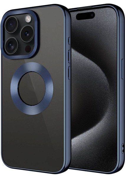 Apple iPhone 15 Pro Kamera Çerçeveli Logo Gösteren Omega Kılıf Lacivert