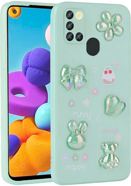 Case 4u Galaxy A21S Kabartma Figürlü Parlak Toys Silikon Kılıf Açık Yeşil