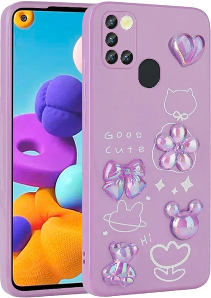 Case 4u Galaxy A21S Kabartma Figürlü Parlak Toys Silikon Kılıf Mor