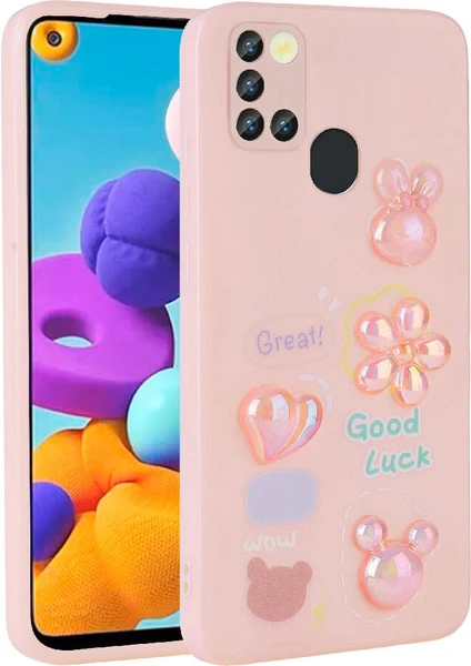 Case 4u Galaxy A21S Kabartma Figürlü Parlak Toys Silikon Kılıf Pembe