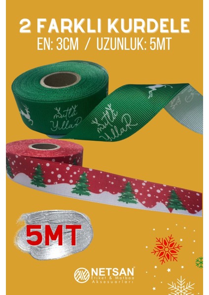 3cm x 5mt Yılbaşı Figürlü 2 Farklı Grogren Kurdele Yeşil Mutlu Yıllar + Çam Ağaçlı