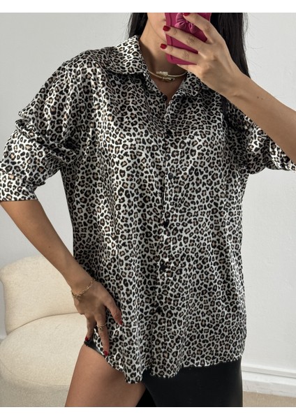 Leopar Desen Saten Oversize Gömlek 25218