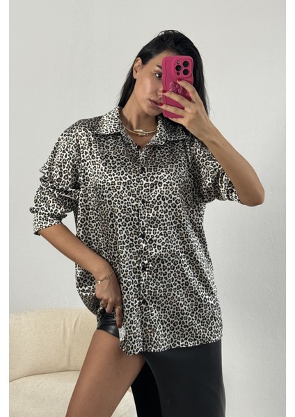 Leopar Desen Saten Oversize Gömlek 25218