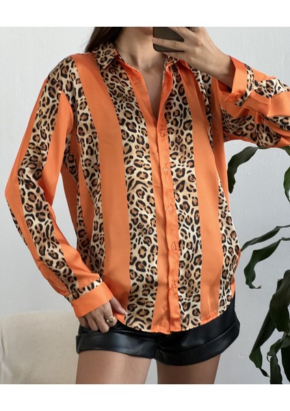 Oranj Saten Leopar Desen Gömlek 25283