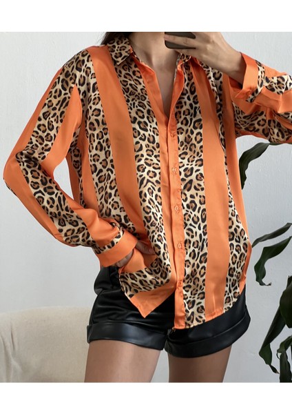 Oranj Saten Leopar Desen Gömlek 25283