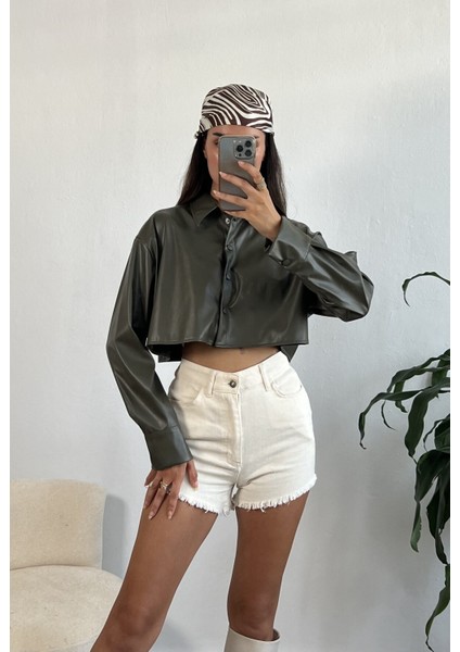 Haki Crop Deri Gömlek 26062