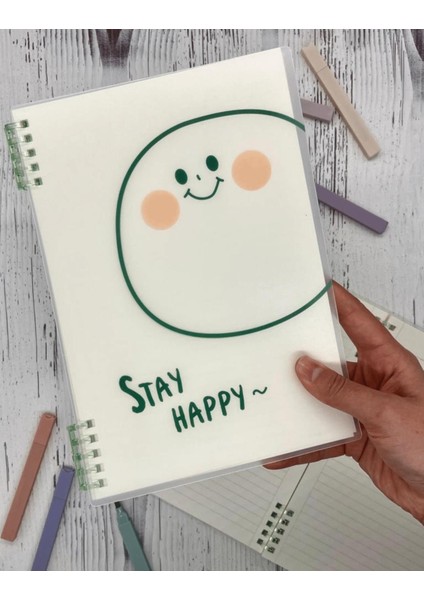 Sevimli Stay Happy Desenli Spiralli Binder B5 Defter Scrapbook