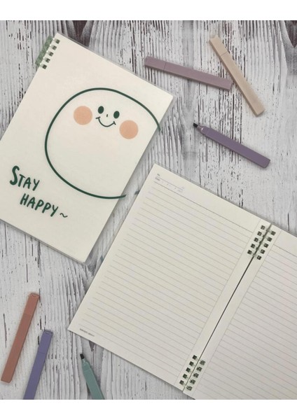 Sevimli Stay Happy Desenli Spiralli Binder B5 Defter Scrapbook