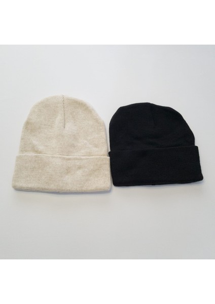 Unisex Bere- Katlamalı Siyah , Taş Rengi Bere