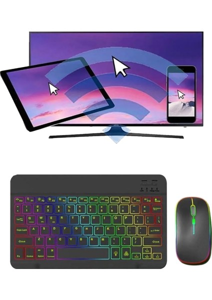 Tüm Cihazlara Uyumlu Akıllı Taşınabilir Şarj Edilebilir Aydınlatmalı Kablosuz Bluetooth Klavye+ Mouse