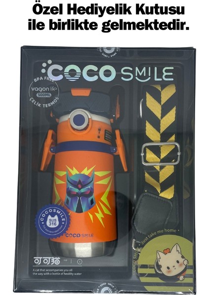 Cocosmile 500ML Yeni Koleksiyon Robot Temalı Pipetli Askılı Çelik Termos Çocuk Matarası