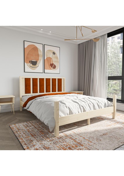 Orion Model Kiremit Renk Puflu Başlıklı Vernikli Çam Ahşap Karyola