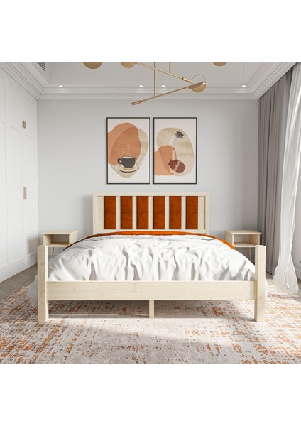 Orion Model Kiremit Renk Puflu Başlıklı Vernikli Çam Ahşap Karyola