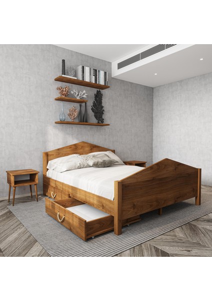 Milano Model Iki Çekmeceli Ceviz Renk Çam Ahşap Karyola ve Iki Komodin Set