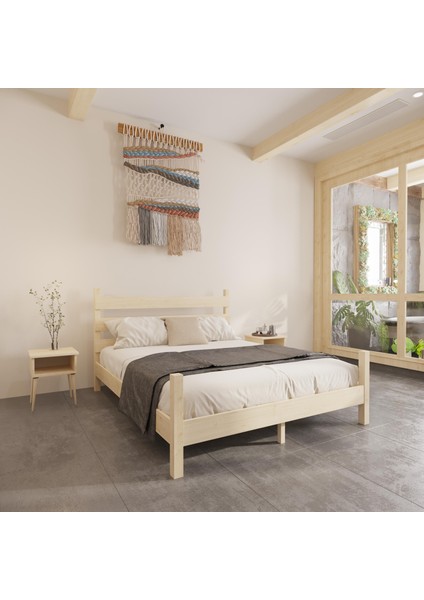 Natura Model Doğal Çam Ahşap Karyola ve Iki Komodin Set