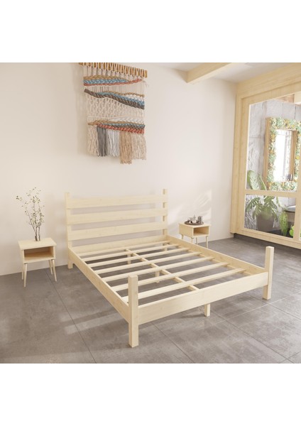 Natura Model Doğal Çam Ahşap Karyola ve Iki Komodin Set