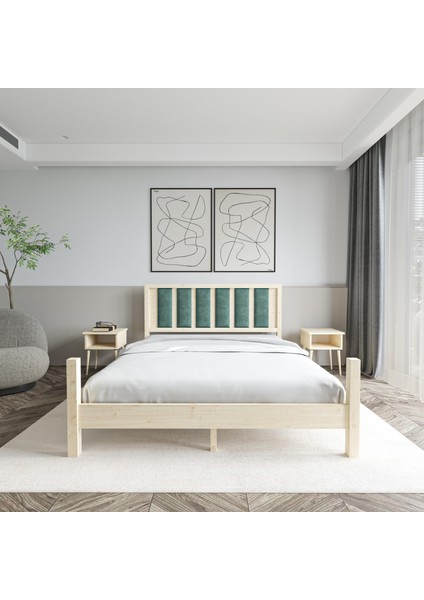 Orion Model Çağla Yeşili Puflu Başlıklı Vernikli Çam Ahşap Karyola ve Iki Komodin Set