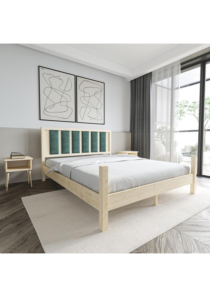 Orion Model Çağla Yeşili Puflu Başlıklı Vernikli Çam Ahşap Karyola ve Iki Komodin Set