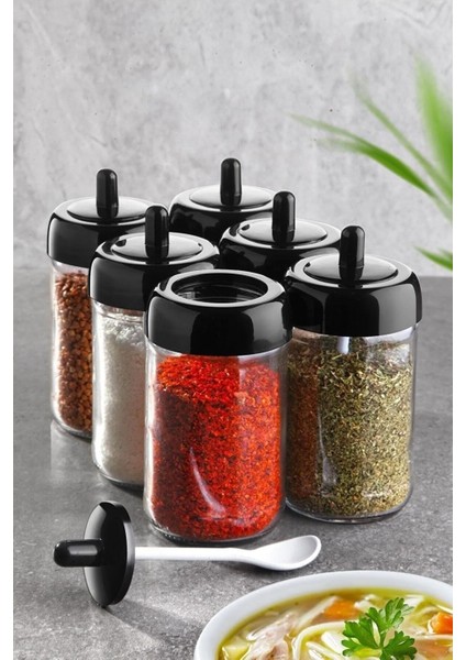 6 Adet Kapağı Kendinden Kaşıklı Baharatlık Seti 300 ml Baharat Takımı Cam