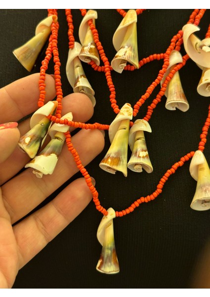 Midye Kabuklu Turuncu Boncuk Işleme Tasarım Kolye Otantik Kolye