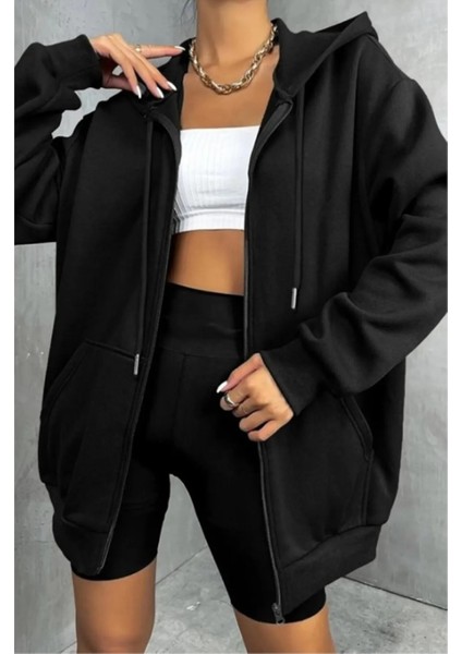 Kapüşonlu Fermuarlı Oversize Mevsimlik Unisex Sweatshirt Cepli