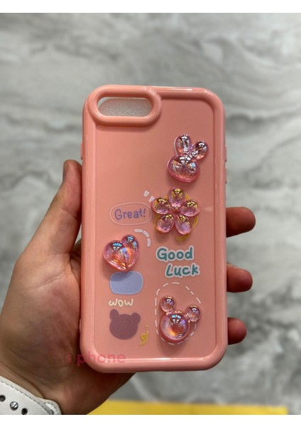 Apple iPhone Se 2022 Kılıf 3D Kabartma Emoji Figür Ayıcık Çiçek Kurdele Happy Good Luck Funny Heart Toys