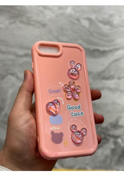 Apple iPhone Se 2022 Kılıf 3D Kabartma Emoji Figür Ayıcık Çiçek Kurdele Happy Good Luck Funny Heart Toys