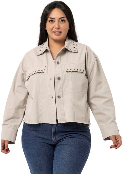 Büyük Beden Kapaklı Cepli Eteği Pis Dikişli Metal Aksesuarlı Taş Rengi Ceket fiyatları