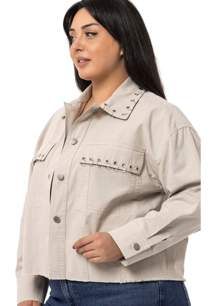 Büyük Beden Kapaklı Cepli Eteği Pis Dikişli Metal Aksesuarlı Taş Rengi Ceket fırsatları