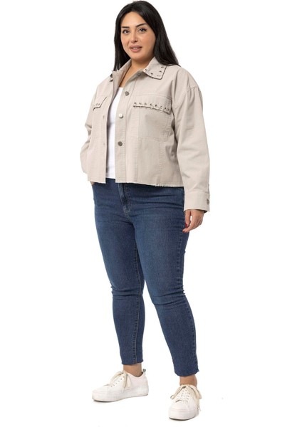 Büyük Beden Kapaklı Cepli Eteği Pis Dikişli Metal Aksesuarlı Taş Rengi Ceket indirimleri