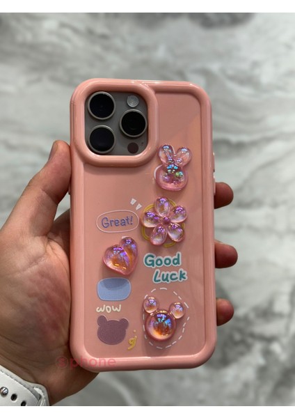 Apple iPhone 11 Pro Max Kılıf 3D Kabartma Emoji Figür Ayıcık Çiçek Kurdele Happy Good Luck Funny Heart