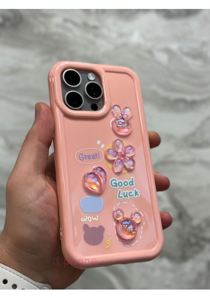 Apple iPhone 11 Pro Max Kılıf 3D Kabartma Emoji Figür Ayıcık Çiçek Kurdele Happy Good Luck Funny Heart