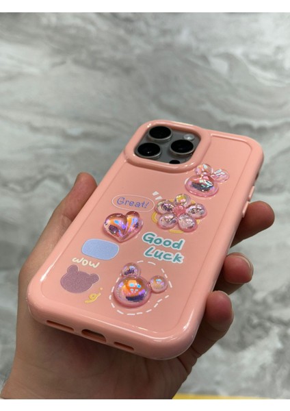 Apple iPhone 11 Pro Max Kılıf 3D Kabartma Emoji Figür Ayıcık Çiçek Kurdele Happy Good Luck Funny Heart