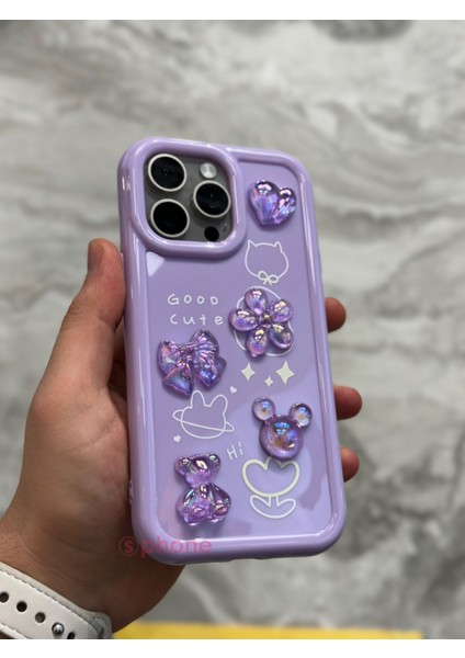 Apple iPhone 14 Pro Kılıf 3D Kabartma Emoji Figür Ayıcık Çiçek Kurdele Happy Good Luck Funny Heart